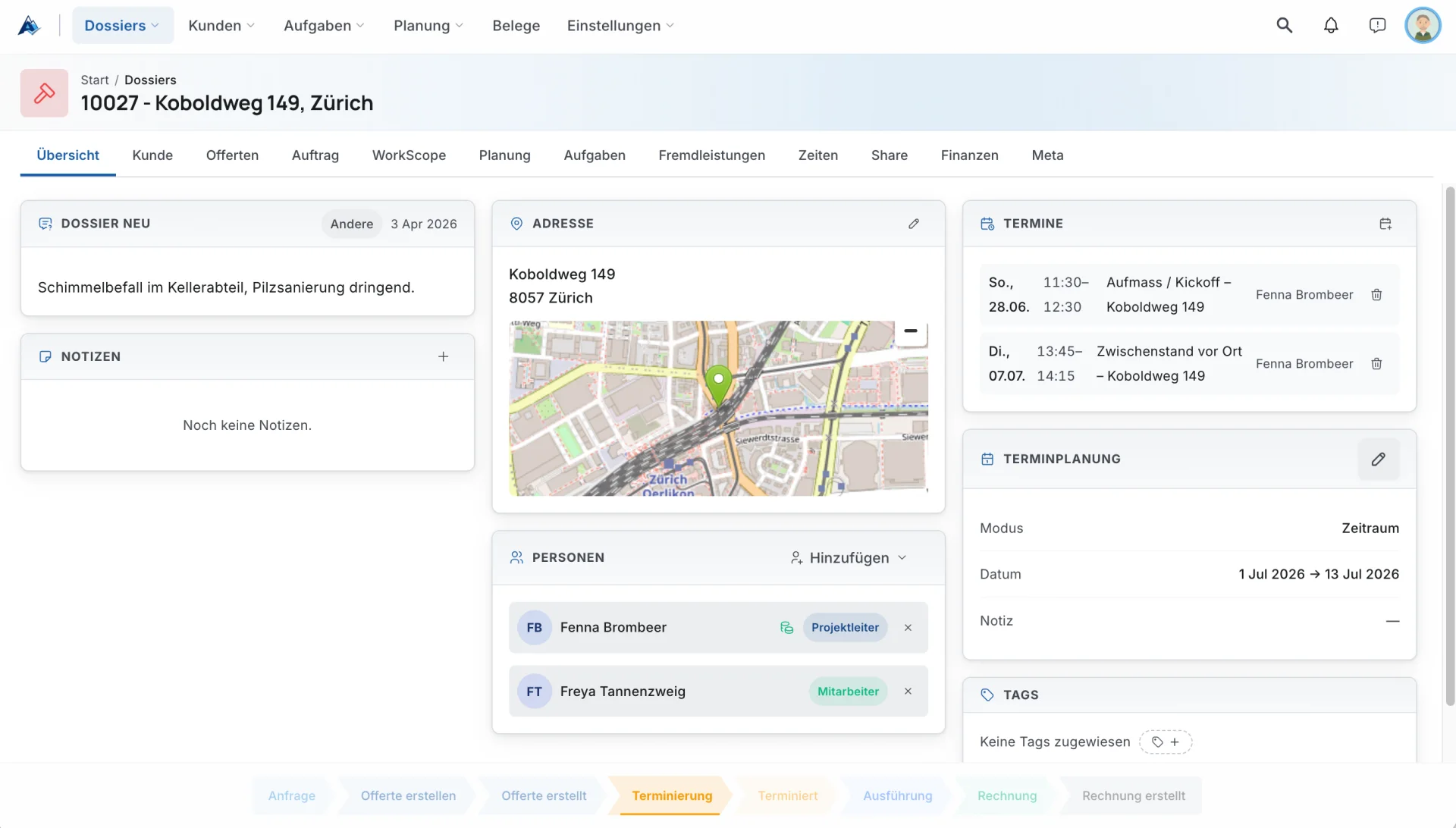 Antoniq project dossier with address, appointments and phase timeline open in a desktop browser